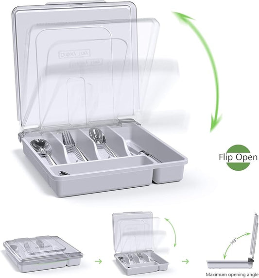Utensil Holder for Countertop with Lid, Plastic Silverware Tray for Drawer, 5 Compartments Flatware Organizer, White