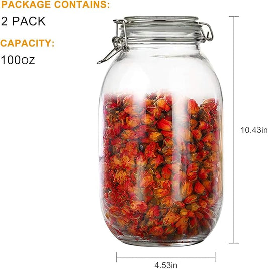 100oz/3000ml Glass Kitchen Storage Canister, Sealed Glass Jars with Lids, Airtight Glass Canister with Hinged Lid, Perfect for Kitchen Canning Cereal/Pasta/Sugar/Beans -Set of 2