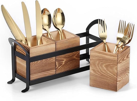 Wooden Utensil Caddy, Farmhouse Kitchen Silverware Holder with 3 Compartment, Flatware Organizer with Black Portable Metal Tray, Utensil Cutlery Organizer for Forks Spoons Knives, Wood