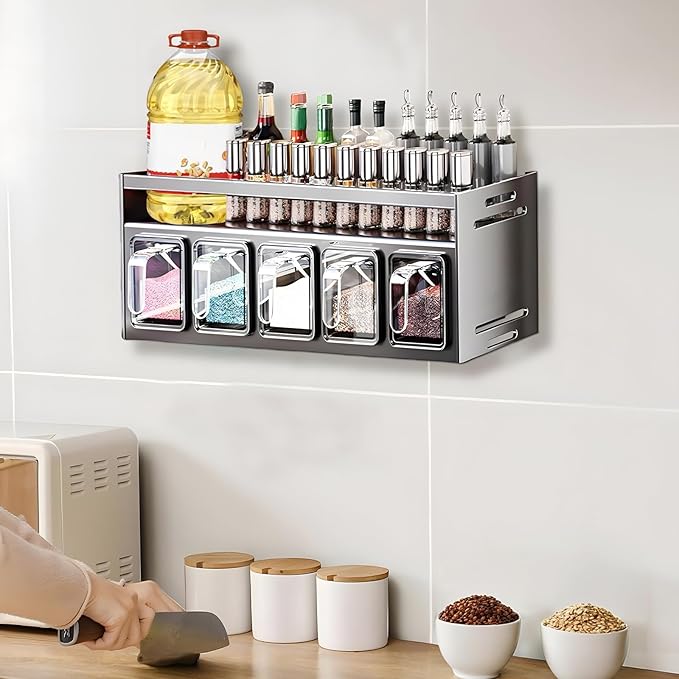 Kitchen Spice Rack, Kitchen Organizer and Storage Rack, Spice Organization for Cabinets Punch-free Wall/Countertop Home Decor Multifunctional Double Layer 5 Gird Condiment Rack, Gray