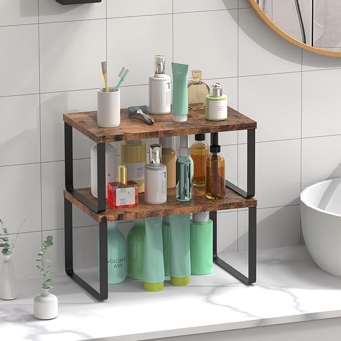 CADUKE Set of 4 Counter Shelves Kitchen Stackable Cabinet Shelf Wood Organizer Expandable Counter Top Racks Brown Bathroom Counter organizer