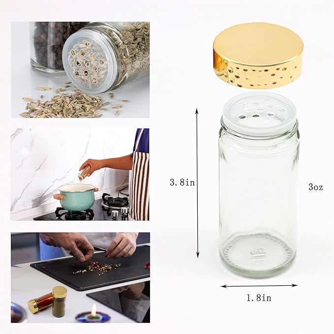 2pcs Gold Spice Jars, 3 oz Glass Seasoning Bottles, Spices Container, Empty Spice Jars, Round Spice Bottles with Airtight Plastic Caps with Shaker Lids (2, gold)