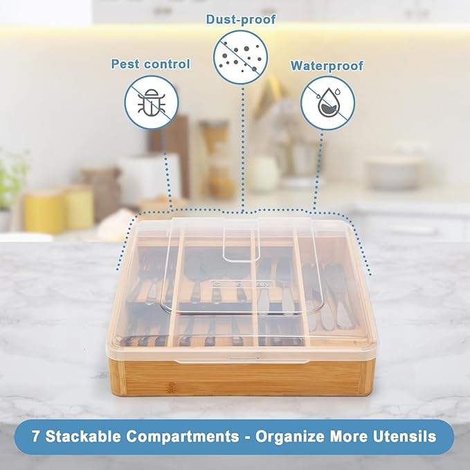 Bamboo Silverware Tray with Lid, 7 Compartments Compact Bamboo Utensil Organizer for Kitchen Drawers Countertop, Dust-proof Sturdy Flatware Organizers and Storage Holder with Labels