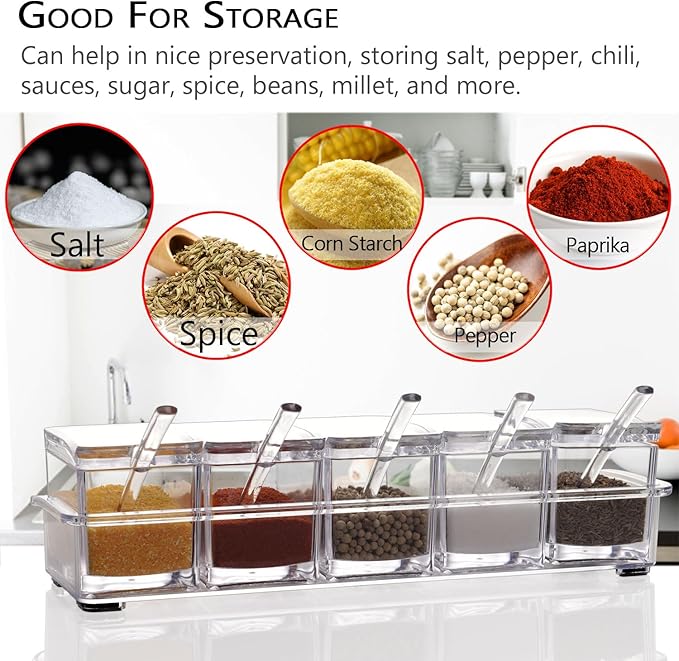 V·RESOURCING Clear Seasoning Box, 5 Pieces Clear Seasoning Storage Container for Spice Salt Sugar Cruet,Condiment Jars with Spoons