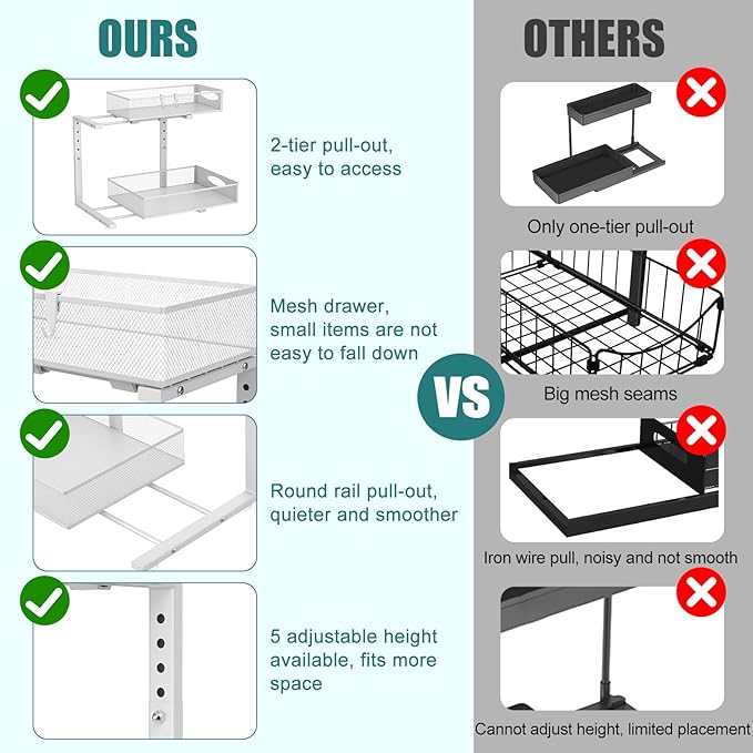 1 Pack Large Under Sink Organizer, 2 Tier Metal Pull Out Under Sink Storage with Sliding Mesh Drawers, Height Adjustable Slide Out Under Cabinet Organizer for Kitchen Bathroom, White