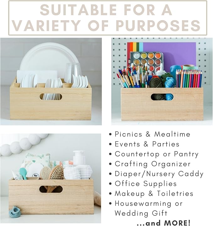 Large Wooden Silverware Caddy For Party, Holds Plates, Napkins, Cups, Forks, Spoons, and Knives, Utensil Holder for Party, Hosting Essentials, Cutlery Holder for Party, Flatware Caddy, Utensil Caddy