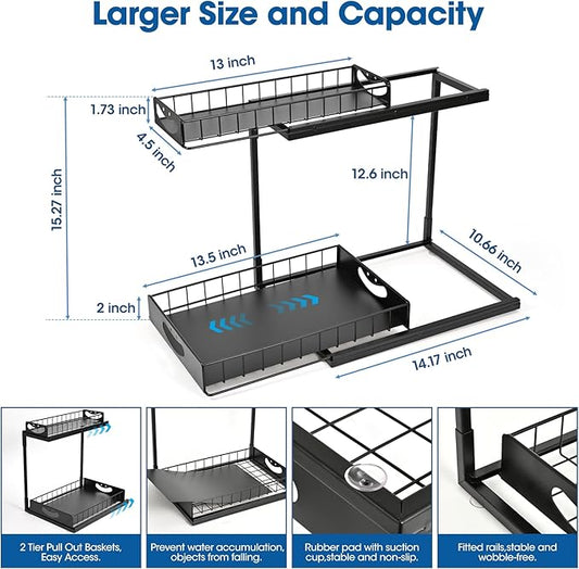 Under Kitchen Sink Organizers and Storage,2 Tier Sliding Cabinet Basket Organizer Drawer,Storage Shelves,Multi-purpose Cabinet Organizers for Kitchen Bathroom.14.17X10.66 X 15.27In(Black,2 Pack)