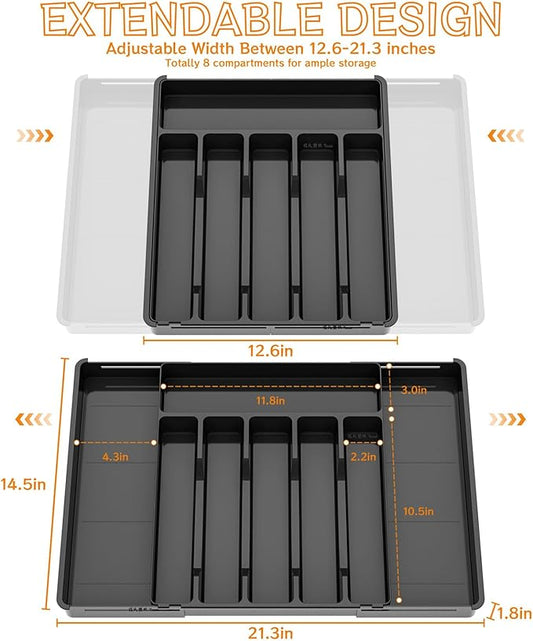 Yieach Black Expandable Silverware Organizers for Kitchen Drawers,Large 8 Grid Silverware Tray and Cutlery Drawer Organizer,BPA Free Kitchen Utensil Organizer for Knife,Spoons Forks Set Flatware Tray