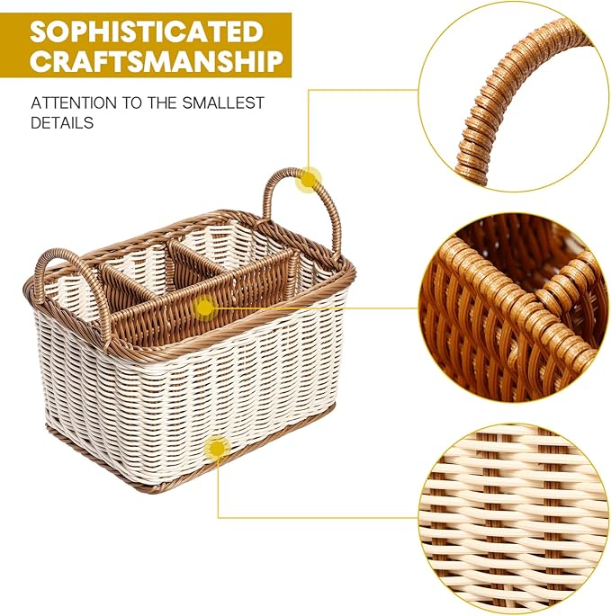 Cabilock Wicker Flatware Organizer, Cutlery Holder for Countertop, Woven Cutlery Storage with Handles, 4 Compartments Utensil Tableware Basket