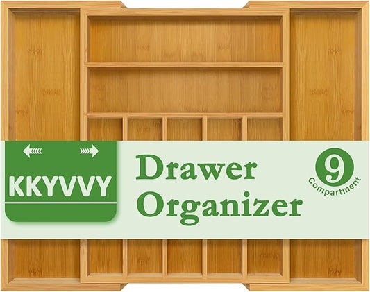 Silverware Organizer with 9 Slots - Bamboo Utensil Drawer Organizer for Kitchen - Expandable Flatware Drawer Organizer Tray for Kitchen Utensils, Cutlery and Tools