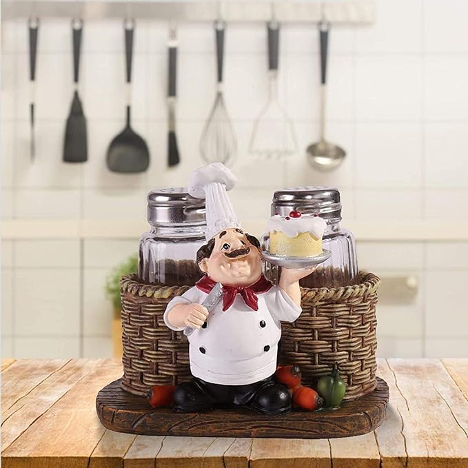 Salt and Pepper Shakers Set,Sitting Chef Decorative Statue Spice Organizer,Glass Spice Jars with Holder Figurine Gift for Family,Kitchen,Restaurant, Cafe,Bakery (Cake)