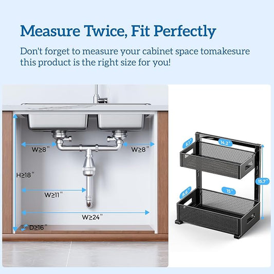 Organizer and Storage for Kitchen, Bathroom, Under Sink, Upgraded Guide Rail Design Smoothly Pulls Out Cabinet Organizer and Slides Out Sink Shelf Cabinet Storage Shelves XL