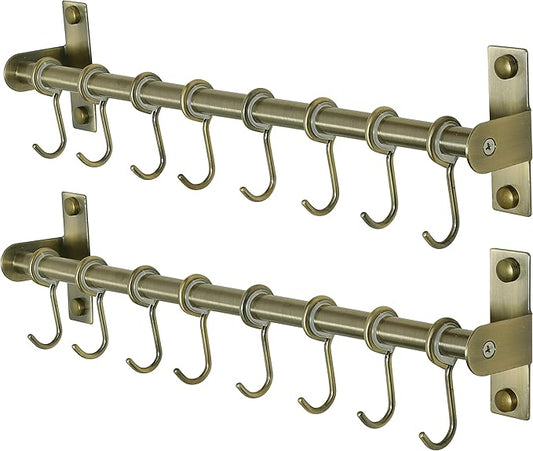 Dseap Kitchen Hooks for Hanging Utensils, Hanging Pot Rack, Kitchen Utensil Hanger Rail with 8 Hooks for Pots Pans, Spoons, Mugs, Wall Mounted, Stainless Steel, Bronze, Pack of 2