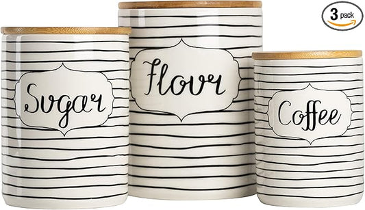 10 Strawberry Street Coffee, Sugar, Flour Kitchen Canister, 3 Piece Set, Everyday Black/White