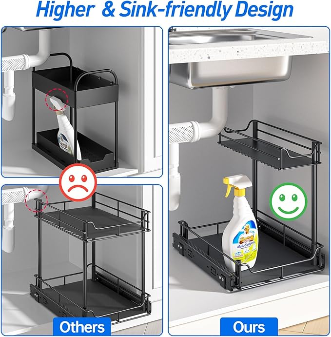 LAMU Under Sink Organizer, Pull Out Cabinet Organizer with Upgraded Slides, Slide Out Sink Shelf Cabinet Storage Shelves, Storages for Kitchen Bathroom