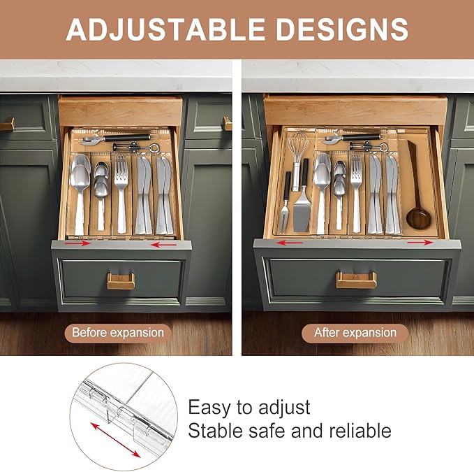Silverware Drawer Organizer, Expandable Utensil & Cutlery Holder, Adjustable Plastic Tray for Forks&Spoons or Knives with Knife Blocks, Kitchen Storage Solution, Clear