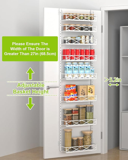 Over The Door Pantry Organizer, 8-Tier Wood & Metal Over The Door Organizer with Adjustable Basket, Hanging Spice Rack, Door Organization and Storage for Kitchen Pantry Door Cabinet, White