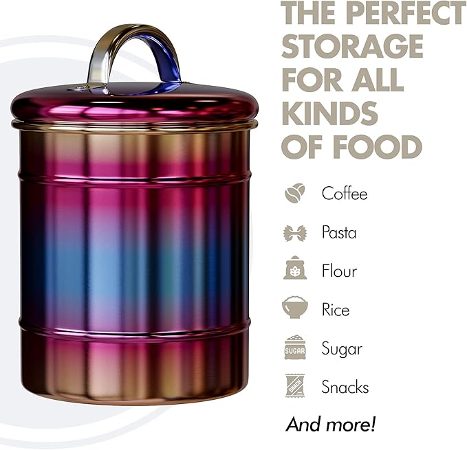 Amici Home Rainbow Metal Storage Canister | Set of 2 | Airtight Lid | 38 & 64 Ounce Capacity | Modern Home Décor | Decorative Metal Canisters for Kitchen Countertop