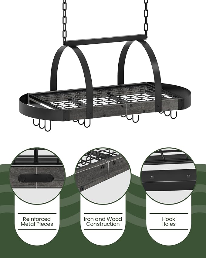 Hanging Pot Rack, Pot Hanger for Kitchen, Ceiling Mounted Pot Holder, Cookware Organizer with 12 S-Shaped Hooks, for Pot, Pan Storage, Space-Saving, Charcoal Black and Black TPR08BCC1