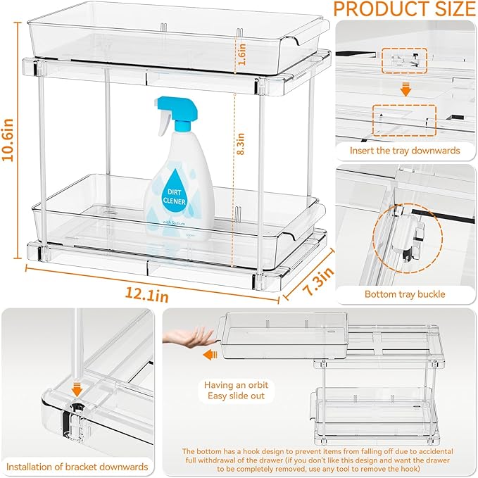 Yieach 2 Pack Bathroom Cabinet Organizers and Storage with Track,Clear Acrylic Under the Sink Organizer for Cupboard,Vanity Countertop Storage Bins,Plastic 2 Tier Pull Out Drawer for Makeup,Medicine