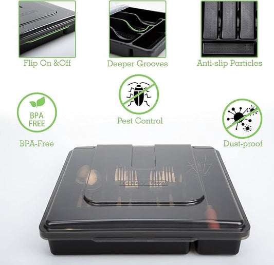 Silverware Organizer with Lid for Drawer, Plastic Utensil Holder for Countertop, Flatware Organizer Cutlery Tray with Cover 5 Compartments (Black)