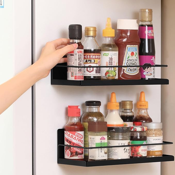 Magnetic Spice Rack for Refrigerator, 2 Pack Fridge Shelf, Seasoning Organizer for Kitchen Organization and Storage, Metal Rack for Cabinet