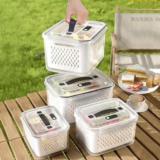 4 Pack Large Fruit Storage Containers for Fridge with vent holes and handle，Airtight Food Storage Containers Keep Fruits, Vegetables, Berry, Fresh longer,BPA-free Fridge Storage Container with Lid
