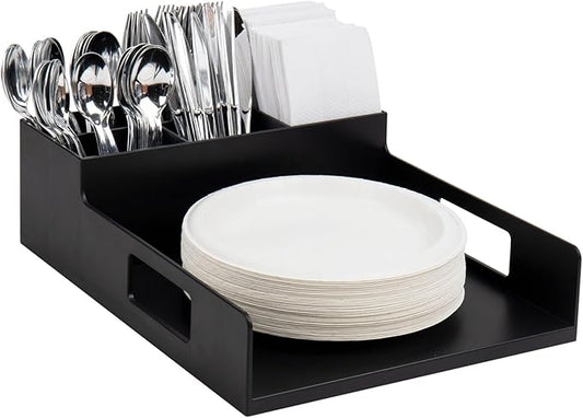 Mind Reader Utensil Napkin & Plate Holder, Silverware Organizer, Serving Tray, Plastic, 11.25" L x 15.25" W x 4.5" H, Black