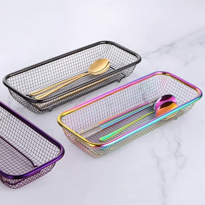 Kitchen Drawer Organizer, BuyGo Stainless Steel Storage Container Metal Cabinet Storage Basket for Holding Silverware Kitchen Utensil, Pack of 2, Rainbow