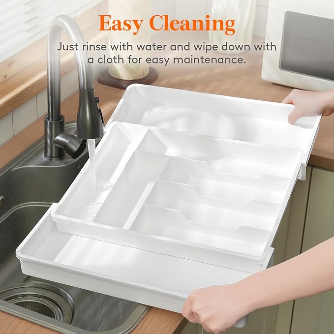 Lifewit Expandable Silverware Drawer Organizer, 22.4 x 16.7 x 2 inches, Adjustable Utensil Cutlery Tray for kitchen, Plastic Flatware Spoon Fork Knives Holder Storage Divider,1 Pack, White
