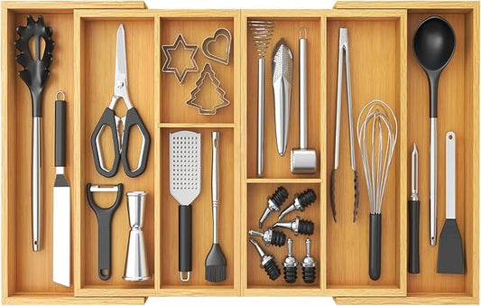 Lifewit Large Utensil Organizer for Kitchen Drawer, Expandable 21.4 to 36 Inches Wide, Adjustable Cooking Silverware Tray, Bamboo Cutlery Flatware Holder, Spatula Tool Gadget Storage Divider, Natural
