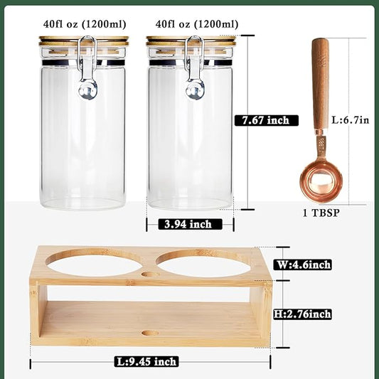 KKC HOME ACCENTS Airtight Borosilicate Glass Coffee Beans & Loose Tea Storage Canisters with Bamboo Clamp Lid & Scoop - Glass Food Storage Jars for Nuts,Sugar, Kitchen Pantry Organization - 40 Fl.Oz