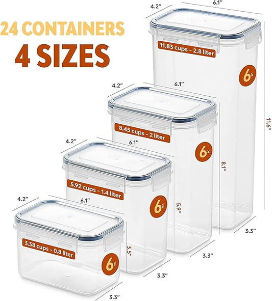 24 Pack Airtight Food Storage Container Set - BPA Free Clear Plastic Kitchen and Pantry Organization Canisters with Durable Lids for Cereal, Dry Food Flour & Sugar - Labels, Marker & Spoon Set