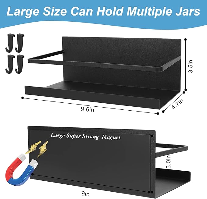 Magnetic Spice Rack, 2 Pack Rack for Refrigerator, Strong Shelf with Removable Hooks, fridge organizer Holding Jars, Perfect Space Saving stove shelf, Black, (JMSR-001)