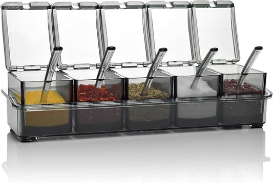 V·RESOURCING Clear Seasoning Box, 5 Pieces Clear Seasoning Storage Container for Spice Salt Sugar Cruet,Condiment Jars with Spoons