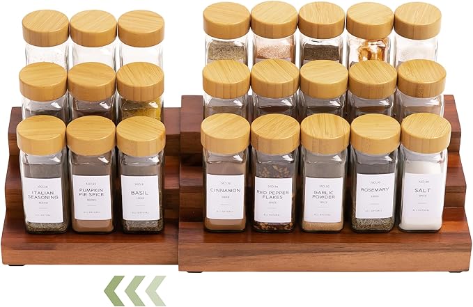 Expandable Spice Rack Organizer for Cabinet, 3-Tier Shelf for Spice Organization (11” to 22”), Fits 36 Spice Jars, Seasoning and Pantry Storage, Non-Slip Feet, 100% Acacia Wood