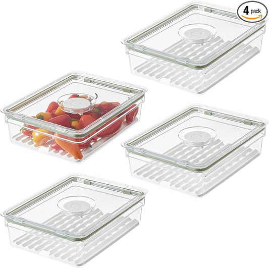 iDesign Large Fridge Produce Bin with Removable Drainage Tray and Lid - Set of 4 - Clear/White