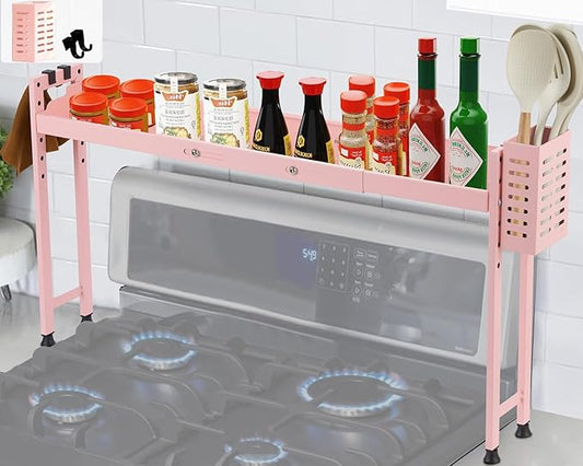 Over Stove Shelf Stove Top Organizer Shelf for Kitchen with Extra Basket and Hooks Adjustable 27 to 32 Inches Pink Over the Sink Spice Rack for Countertop (Pink)