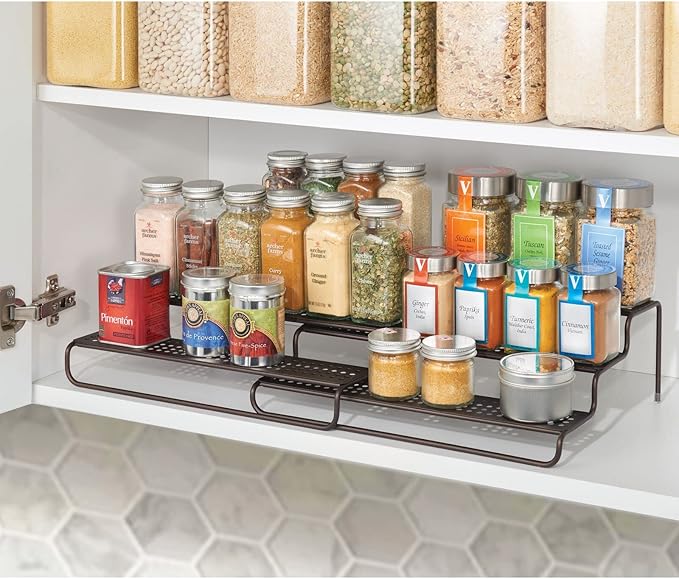 mDesign Adjustable, Expandable Metal Wire Kitchen Spice Rack - Storage Organizer Holder for Cabinet, Cupboard, Pantry, or Countertop - 3 Levels - Up to 25" Wide - Concerto Collection - Bronze