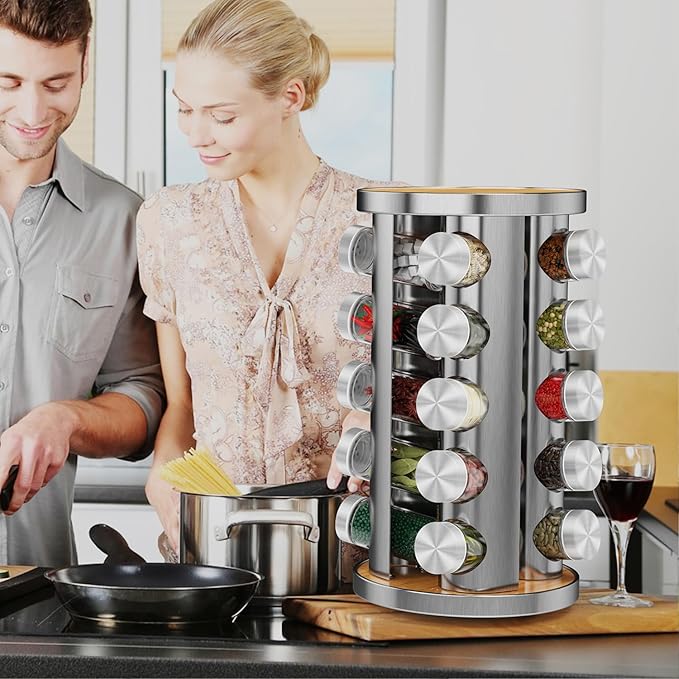 Rotating Spice Rack Organizer, Spice Tower for Countertop, Revolving Spice Rack Set for Cabinet, Silver Steel Kitchen Seasoning Organizer with 20 Jars and Funnel