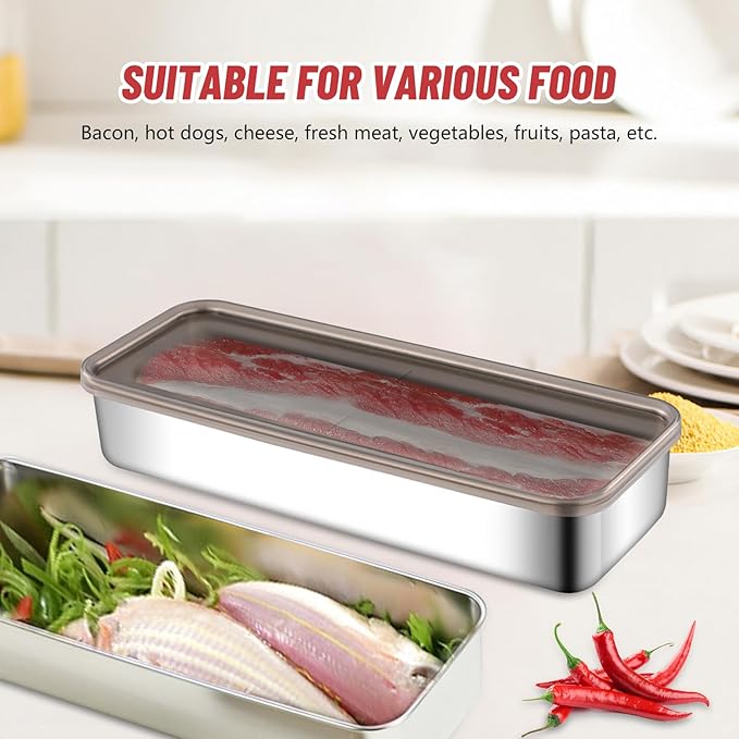 2 Pack Bacon Keeper Container, Cheese Container for Fridge,Lunch Meat Container for Refrigerator, Stainless Steel Deli Containers,Fridge Organizers and Storage with Lids Stackable (Bacon)