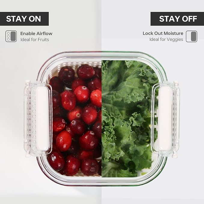 Felli Duo Fresh Produce Saver, ALL IN ONE Veggie Fruit Basket for Fridge with Vent & Drain, Colander Strainer Tray, Kitchen Refrigerator Washing Bin for Berry Vegetable Storage Container, Gifts