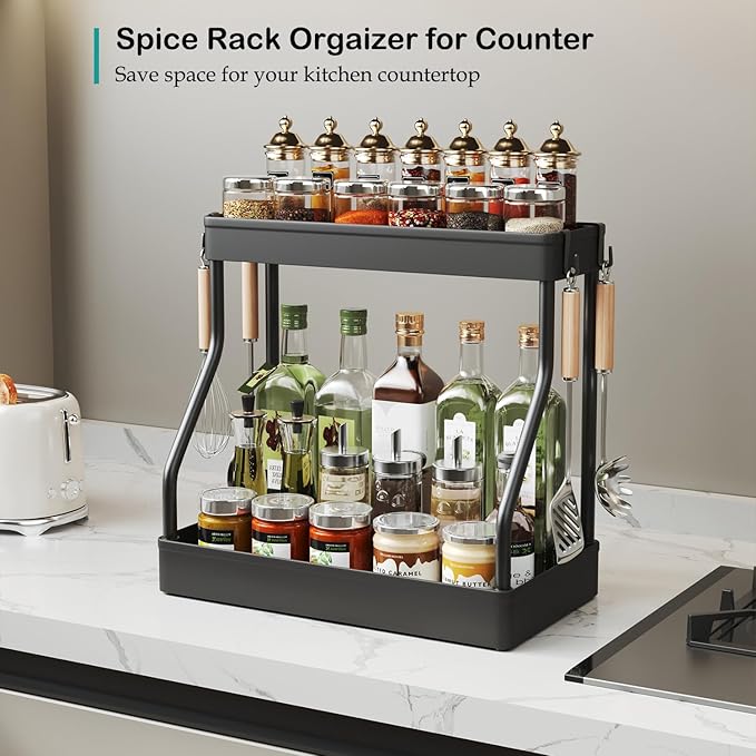 Coffee Bar Station Organizer for Countertop,Coffee Mug Cup Holder for Counter,Kitchen Countertop Organizer Shelves with 4 Hooks,Black (Large)