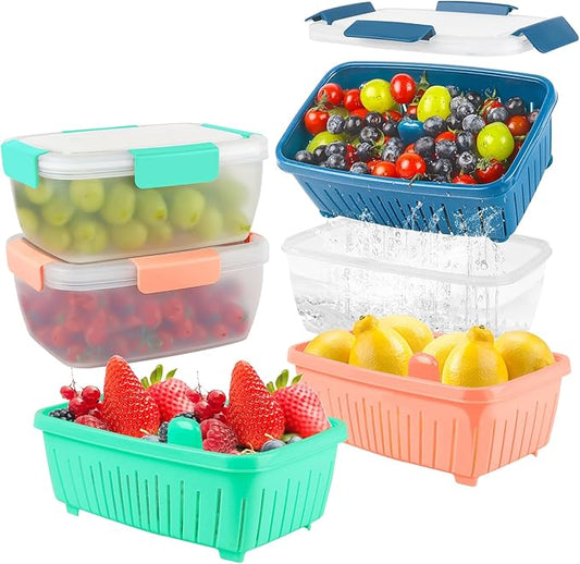 shopwithgreen 68oz Berry Keeper Fruit Storage Container for Fridge, Fresh Food Produce Saver Containers with Removable Drain Colanders, Vegetable Lettuce Keeper Bowl, Refrigerator Organizer, 3 Pack