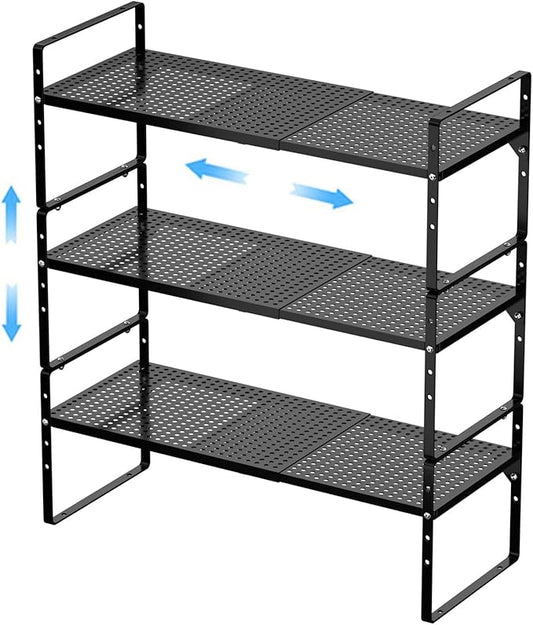Expandable Kitchen Cabinet Shelf Organizers 3 Pack, Stackable Metal Pantry Storage Shelves Rack, Adjustable Counter Spice Shelf for Cabinets, Countertop, Cupboard Organizers and Storage, Black