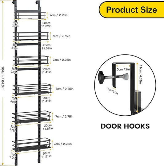 Thideewiz 12 Inches Wide Pantry Door Organizer, 6 Tier Adjustable Hanging Over the Door Spice Rack, Spice Organizer for Pantry Door, Spice Shelf for Kitchen Organizers and Storage (Black)