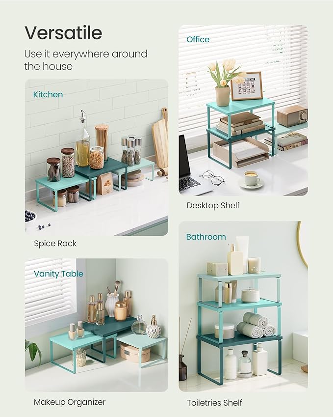 SONGMICS Cabinet Organizer Shelf, Set of 3 Kitchen Counter Shelves, Kitchen Storage, Spice Rack, Stackable, Expandable, Ivy Green UKCS220C01