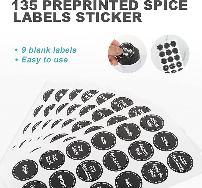 Black Countertop Rotating Spice Rack - Empty 16-Jar Revolving Organizer, Round Carousel Tower With 135 Labels and Funnel - Complete Set for Kitchen Countertop, Cabinet