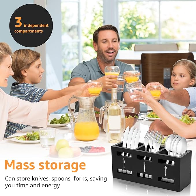 Silverware Caddy, Wood Utensil Caddy with 3 Compartments, Large Capacity Silverware Holder, Multipurpose Utensil Holder, Flatware Caddy, Stylish Cutlery Holder for Forks Spoons Cutters (Black)