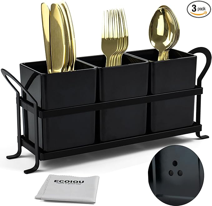 Cutlery Holder with Drain Holes, Dishwasher Safe Silverware Caddy for Party, Kitchen Counter, 3pcs Bins Set Countertop Utensil Holder for Spoons, Forks and Knives, Black